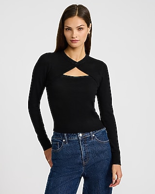 Fitted Crew Neck Faux Cardigan Sweater in Airy Soft