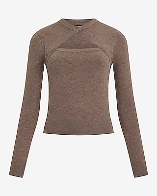 Fitted Crew Neck Faux Cardigan Sweater Airy Soft
