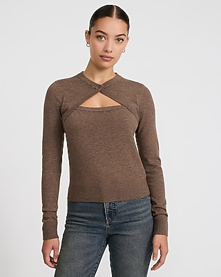 Fitted Crew Neck Faux Cardigan Sweater Airy Soft