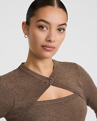 Fitted Crew Neck Faux Cardigan Sweater Airy Soft