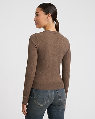 Fitted Crew Neck Faux Cardigan Sweater Airy Soft