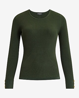 Ribbed Shine Button Cuff Crew Neck Sweater