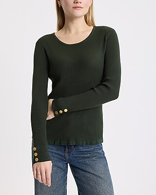 Ribbed Shine Button Cuff Crew Neck Sweater