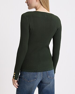 Ribbed Shine Button Cuff Crew Neck Sweater