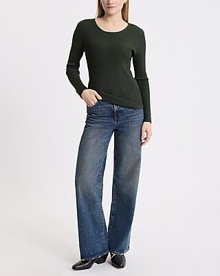 Ribbed Shine Button Cuff Crew Neck Sweater