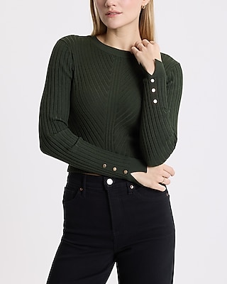 Fitted Ribbed Slit Button Cuff Crew Neck Sweater