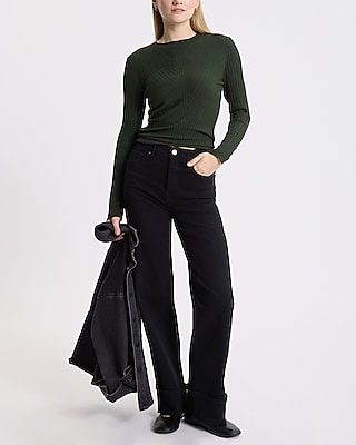 Fitted Ribbed Slit Button Cuff Crew Neck Sweater