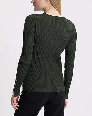 Fitted Ribbed Slit Button Cuff Crew Neck Sweater