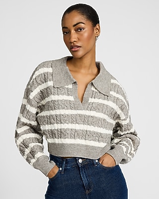 Striped Cable Knit Collared Cropped Sweater | Express