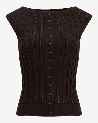 Cotton Ribbed Boat Neck Cap Sleeve Button Front Sweater