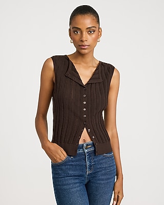 Cotton Ribbed Boat Neck Cap Sleeve Button Front Sweater