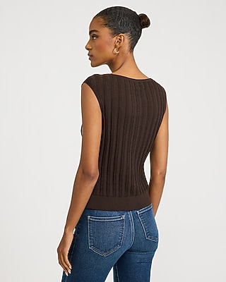 Cotton Ribbed Boat Neck Cap Sleeve Button Front Sweater