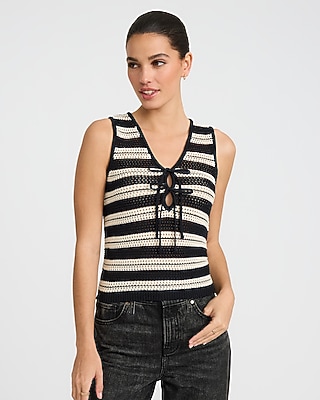 Cotton Striped Crochet Tie Front Sweater Tank
