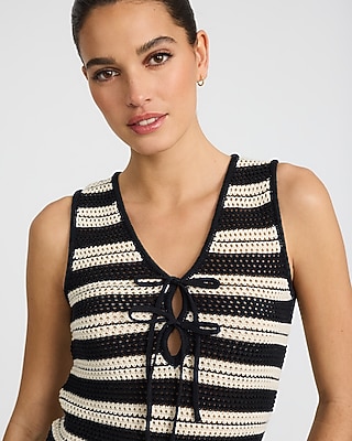 Cotton Striped Crochet Tie Front Sweater Tank
