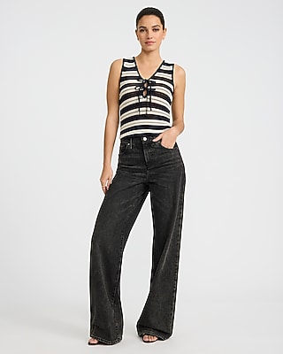 Cotton Striped Crochet Tie Front Sweater Tank