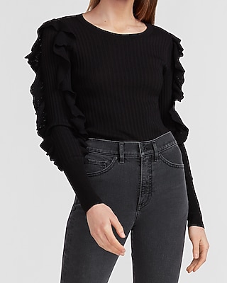 Ribbed Ruffle Sleeve Sweater