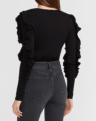 Ribbed Ruffle Sleeve Sweater