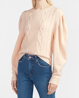 cable knit puff sleeve sweater