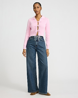 Collared Tie Front Cutout Long Sleeve Sweater - image 3
