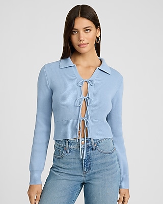 Collared Tie Front Cutout Long Sleeve Sweater - image 4