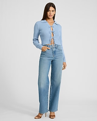 Collared Tie Front Cutout Long Sleeve Sweater