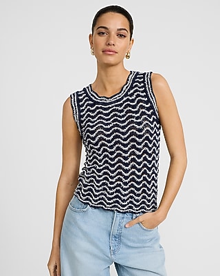 Open Stitch Wavy Striped Crew Neck Sweater Tank