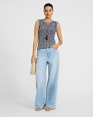 Open Stitch Wavy Striped Crew Neck Sweater Tank