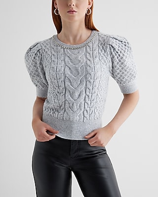 Embellished Cable Knit Short Puff Sleeve Sweater | Express