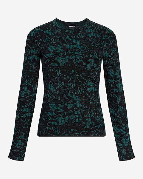 Lace Jacquard Fitted Crew Neck Sweater | Express