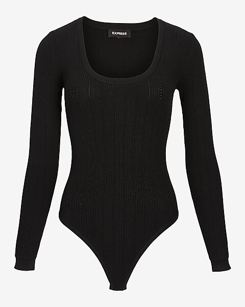 Express Scoop Neck Long Sleeve Sweater Thong Bodysuit Black