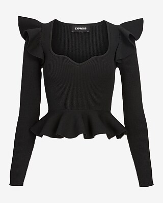 Ribbed Sweetheart Neckline Ruffle Peplum Sweater