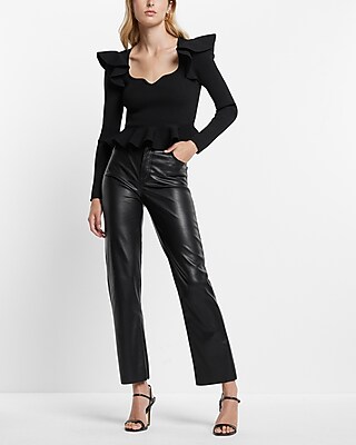 Ribbed Sweetheart Neckline Ruffle Peplum Sweater