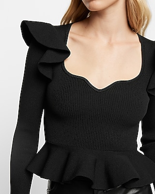 Ribbed Sweetheart Neckline Ruffle Peplum Sweater