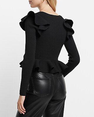 Ribbed Sweetheart Neckline Ruffle Peplum Sweater