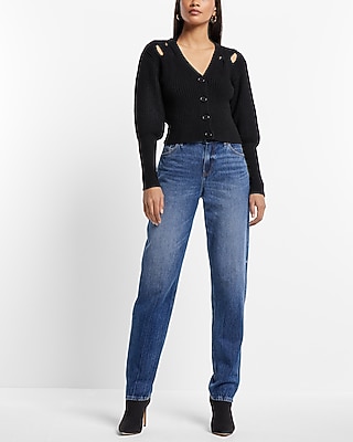 V-Neck Balloon Sleeve Criss Cross Cutout Cardigan