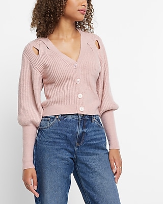 V-Neck Balloon Sleeve Criss Cross Cutout Cardigan