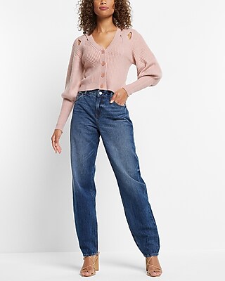 V-Neck Balloon Sleeve Criss Cross Cutout Cardigan
