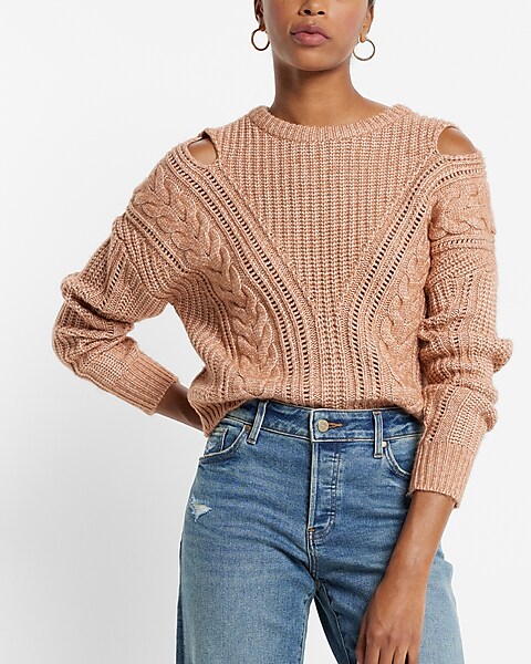 Seamless Cable Knit Mock Neck Short Sleeve Top - Brown