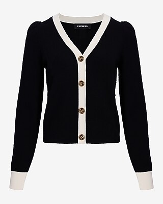 Tipped Novelty Button Puff Sleeve Cardigan