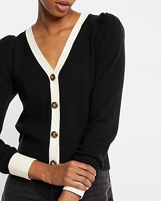 Tipped Novelty Button Puff Sleeve Cardigan