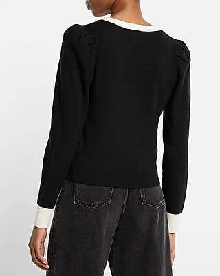 Tipped Novelty Button Puff Sleeve Cardigan