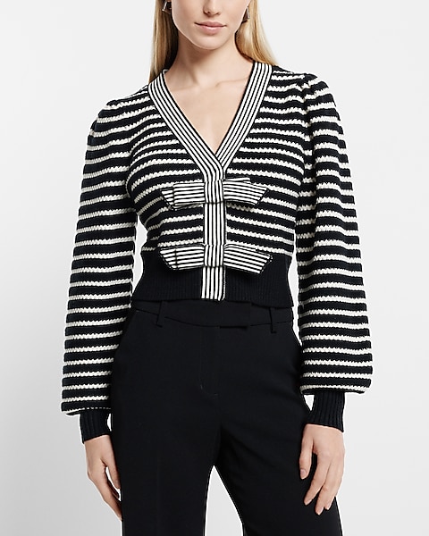 Ex Striped Bow Cardigan 9613133:stripe-blkwht:xl | Express Ex Striped Bow Cardigan 9613133:stripe-blkwht:xl | Express