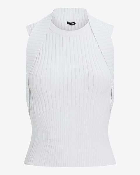Express, Body Contour Ribbed High Neck Sweater Tank in White