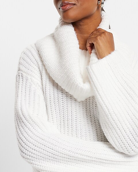 Care For You White Eyelash Knit Cowl Neck Reversible Sweater