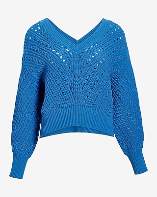 Open Stitch Double V-Neck Dolman Sleeve Sweater