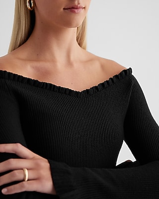 Fitted Ribbed Off The Shoulder Ruffle Sweater - image 2