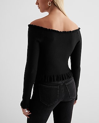 Fitted Ribbed Off The Shoulder Ruffle Sweater - image 3