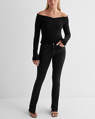 Fitted Ribbed Off The Shoulder Ruffle Sweater - image 5