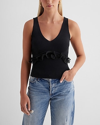 Fitted Ribbed Ruffle V-Neck Sweater Tank