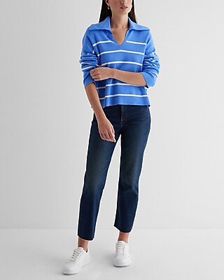 Relaxed Striped V-Neck Polo Sweater